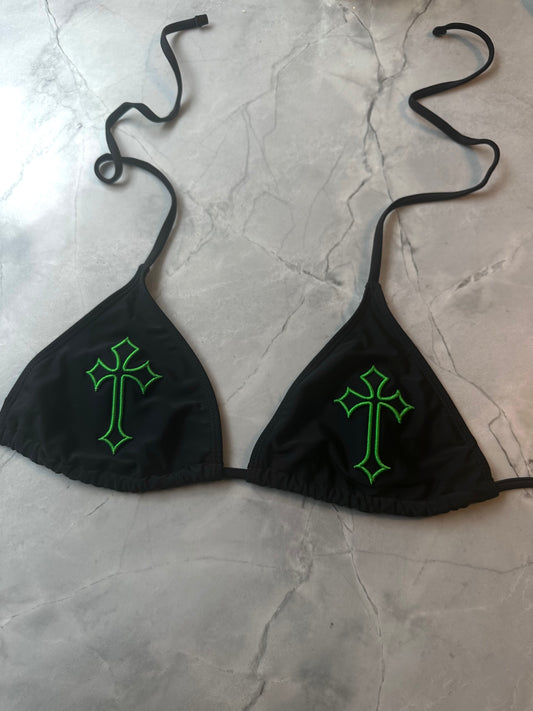 ‘CROSSED OUT’ BIKINI TOP- BLACK & GREEN