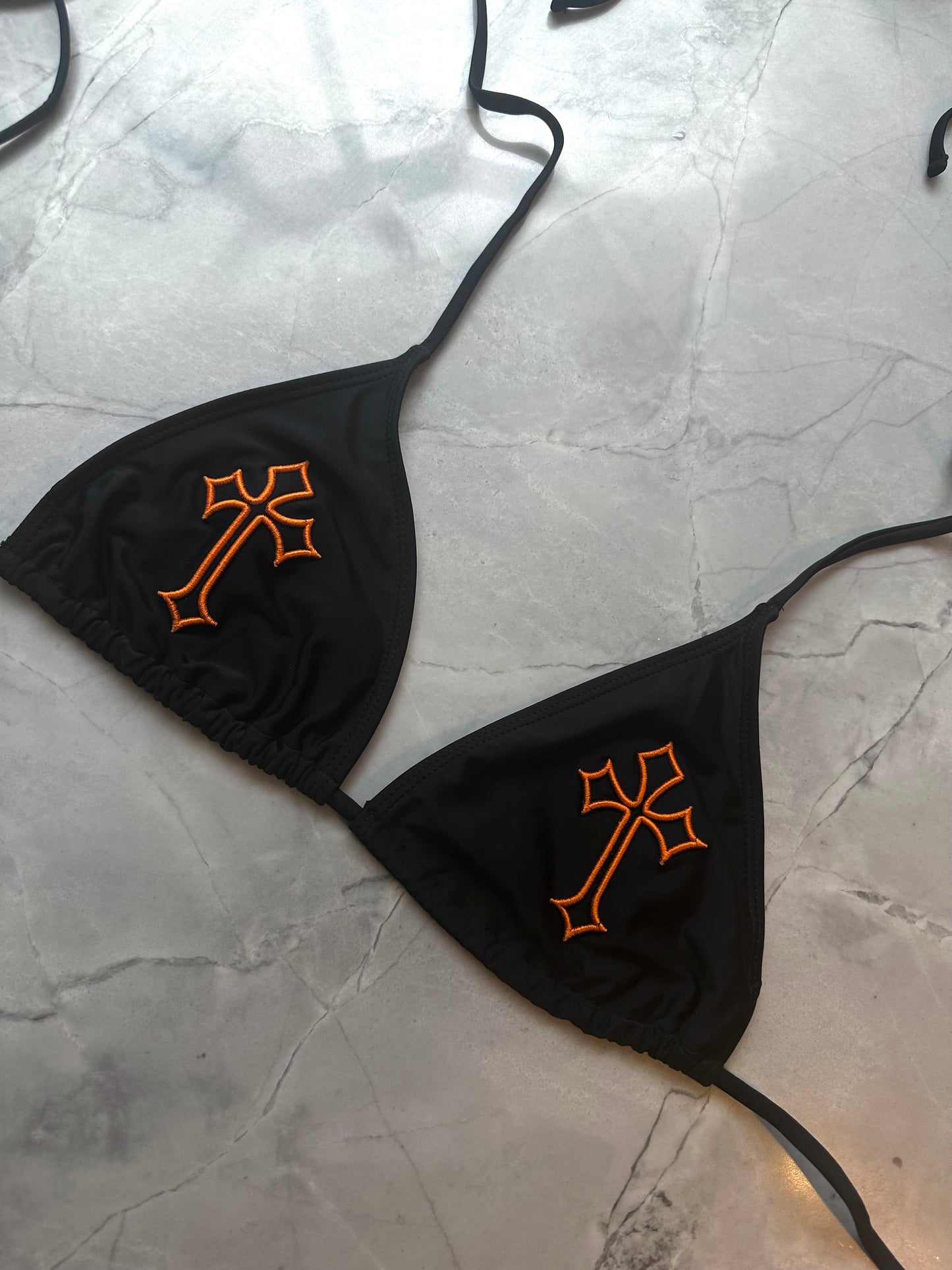 ‘CROSSED OUT’ BIKINI TOP- BLACK & ORANGE