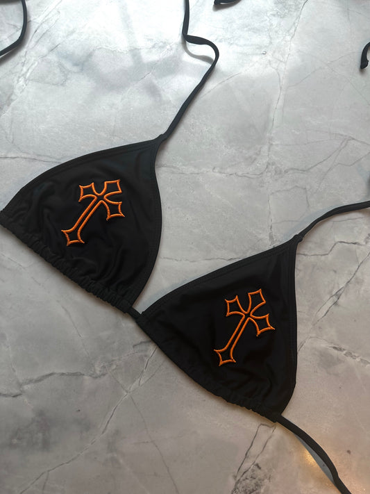 ‘CROSSED OUT’ BIKINI TOP- BLACK & ORANGE