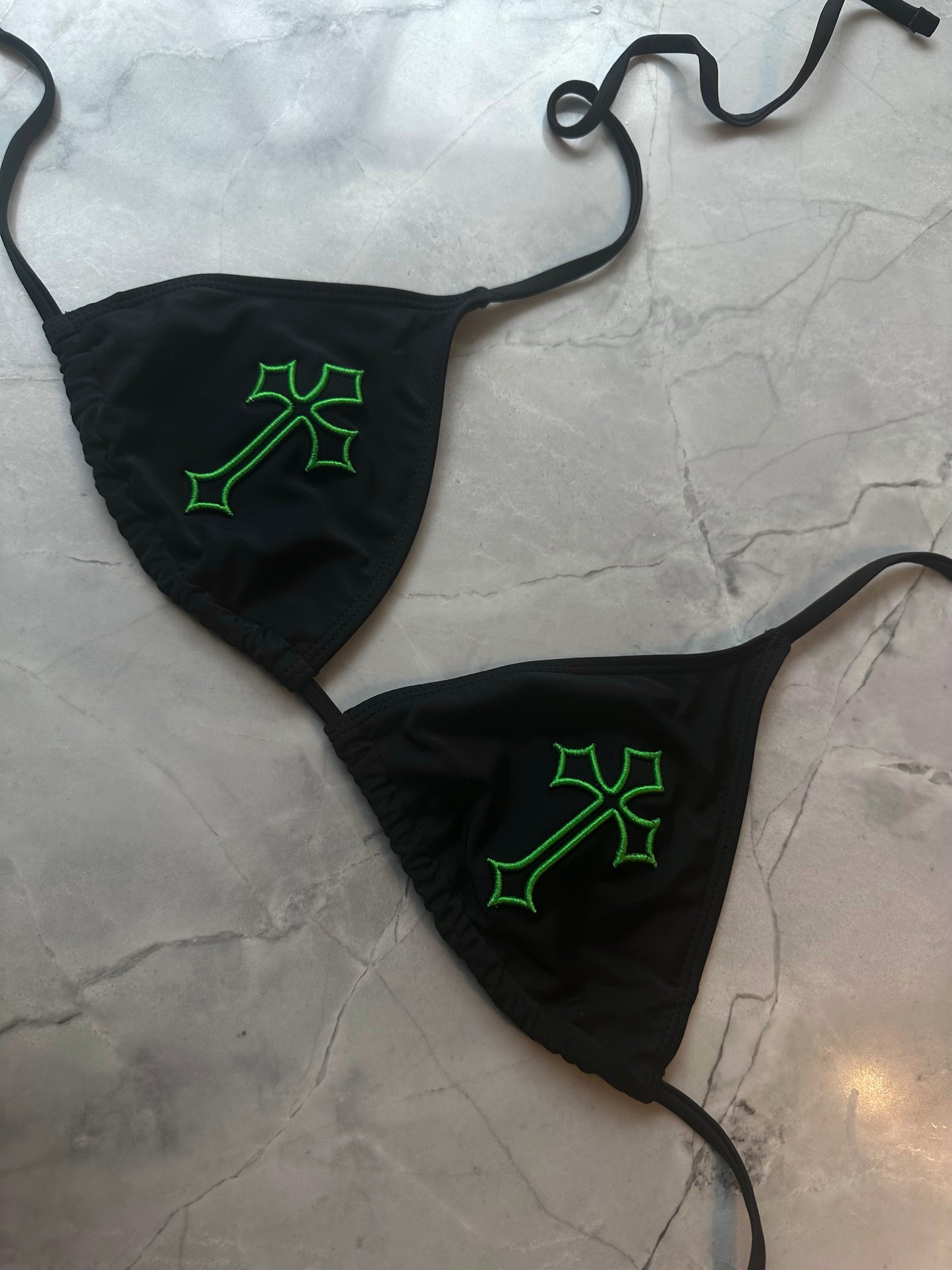 ‘CROSSED OUT’ BIKINI TOP- BLACK & GREEN