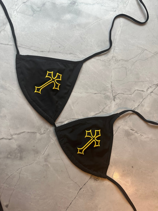 ‘CROSSED OUT’ BIKINI TOP- BLACK & YELLOW