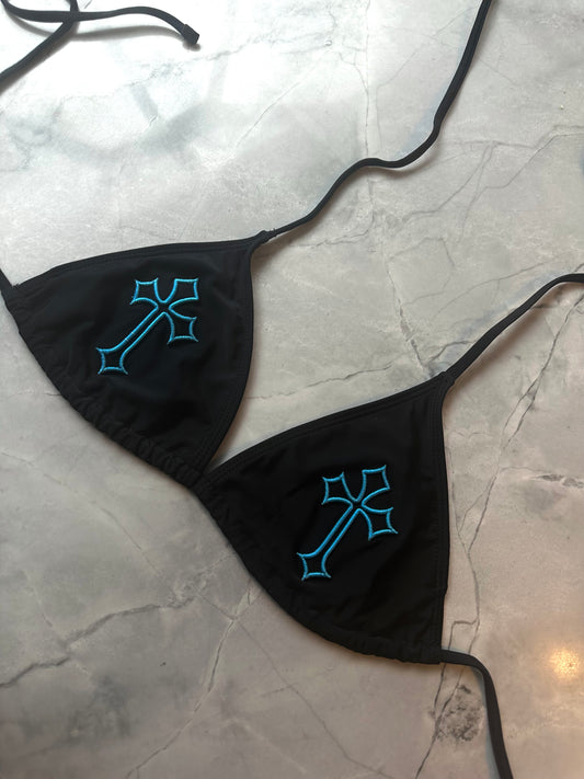 ‘CROSSED OUT’ BIKINI TOP- BLACK & BLUE