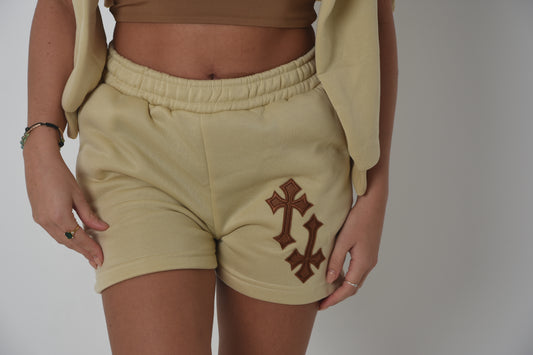 ‘CROSSED OUT’ JOGGER SHORTS- CARAMEL