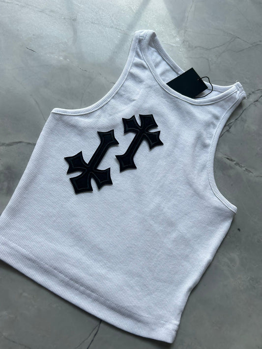 ‘CROSSED OUT’ RACER TOP- WHITE & BLACK