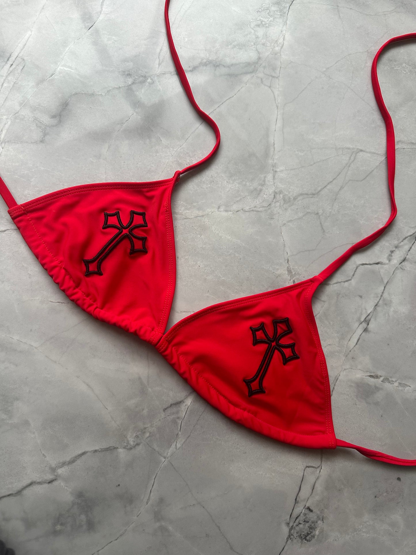 ‘CROSSED OUT’ BIKINI TOP- BLACK & RED