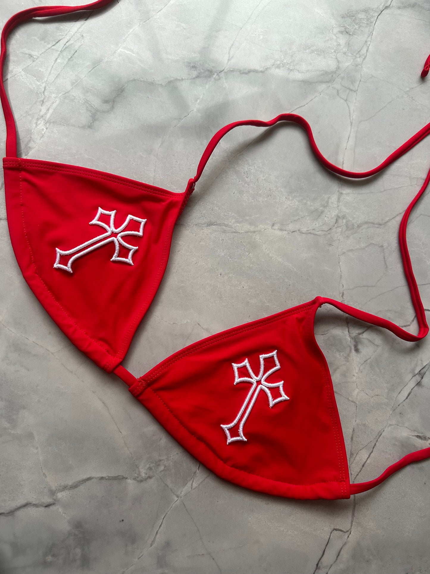 ‘CROSSED OUT’ BIKINI TOP- RED & WHITE