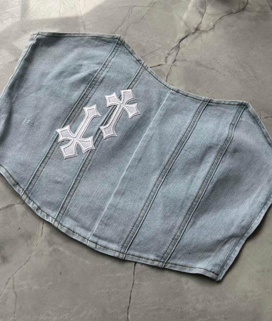 ‘CROSSED OUT’ DENIM CORSET TOP- WHITE