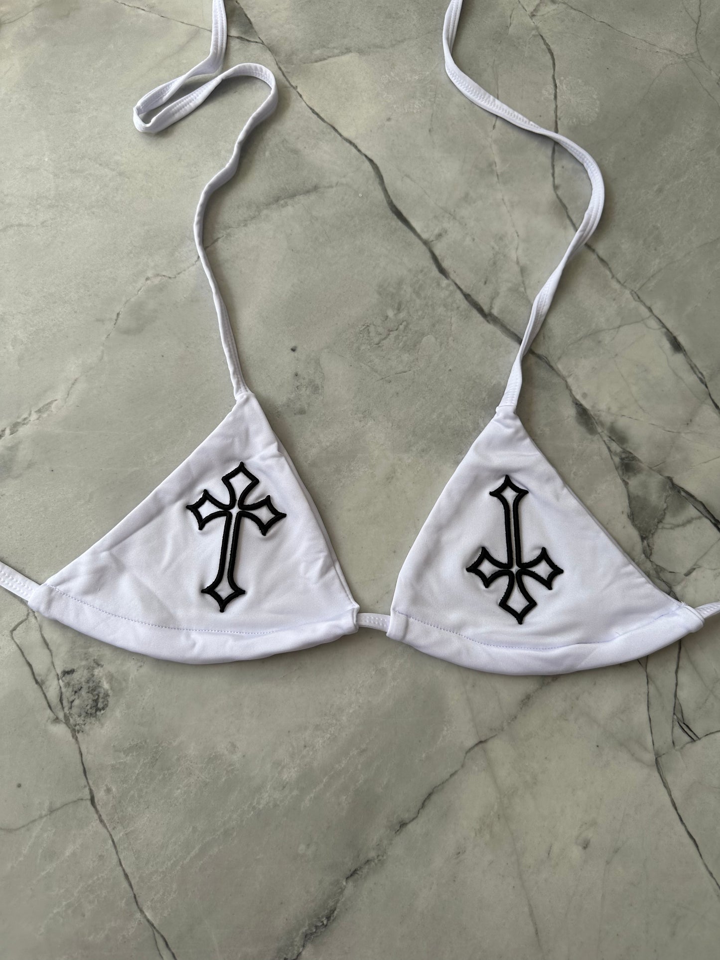 ‘CROSSED OUT’ BIKINI TOP- WHITE & BLACK