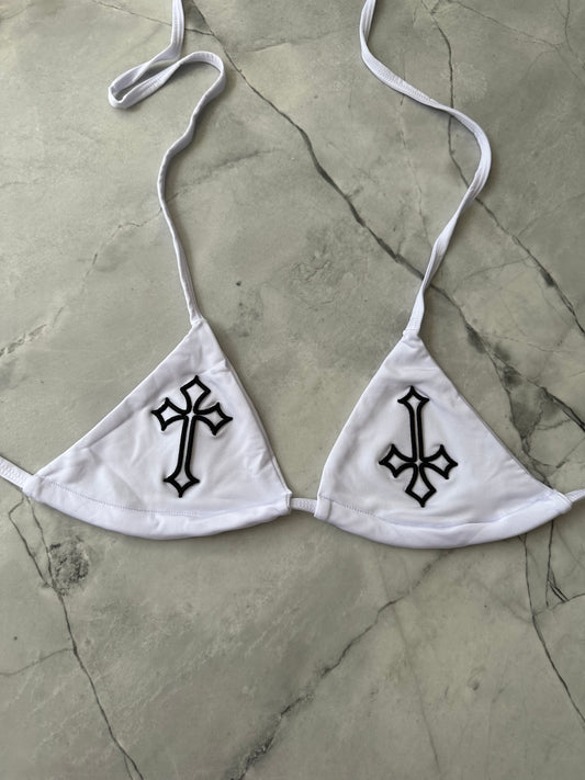 ‘CROSSED OUT’ BIKINI TOP- WHITE & BLACK