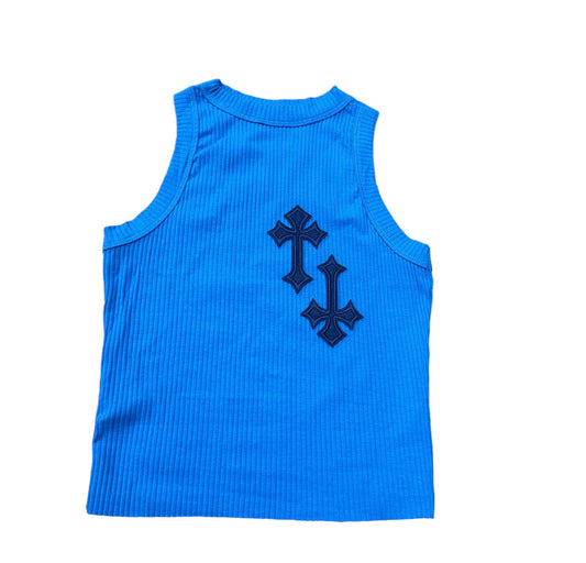 ‘CROSSED OUT’ RACER TOP- NAVY ON BLUE