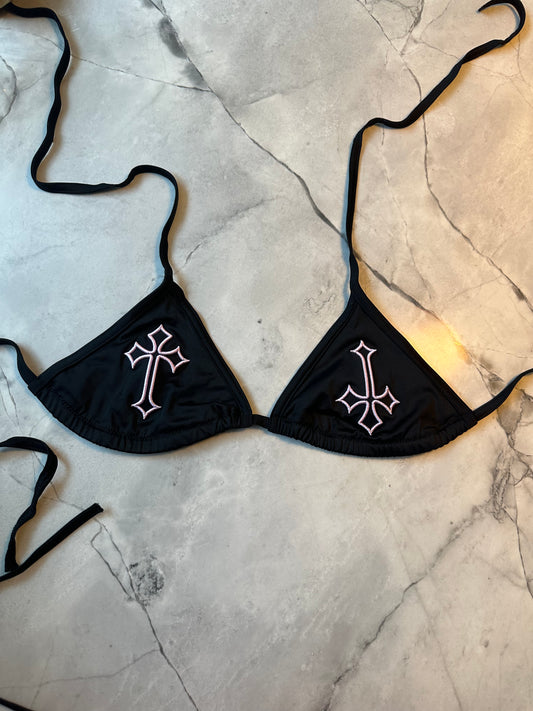 ‘CROSSED OUT’ BIKINI TOP- BLACK & LILAC