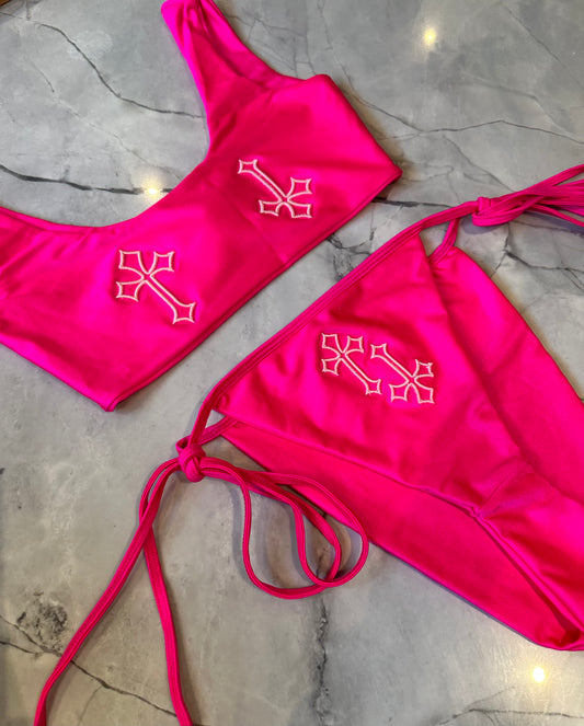 ‘CROSSED OUT’ SQUARE NECK BIKINI SET- PINK