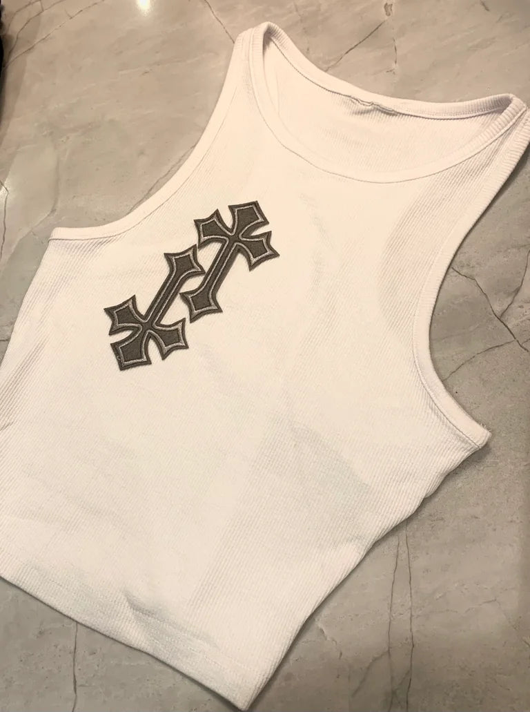 'CROSSED OUT' RACER TOP- WHITE & GREY