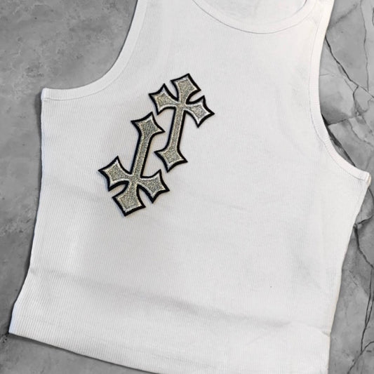 ‘CROSSED OUT’ RACER TOP- WHITE & SILVER