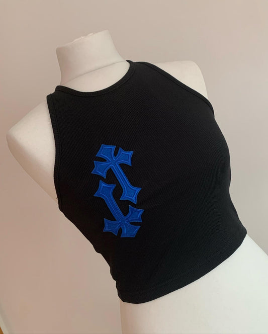 ‘CROSSED OUT’ RACER TOP- BLACK & ROYAL