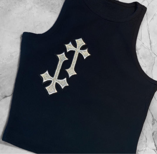 ‘CROSSED OUT’ RACER TOP- BLACK & SILVER