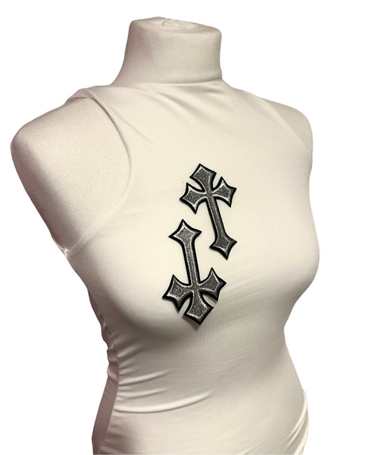 ‘CROSSED OUT’ BODYSUIT- WHITE & SILVER