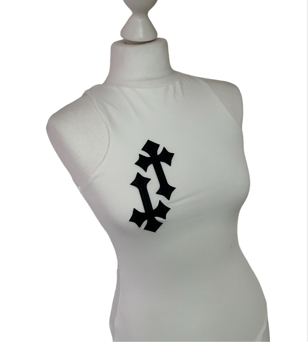 ‘CROSSED OUT’ BODYSUIT- WHITE & BLACK