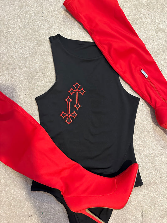 ‘CROSSED OUT’ BODYSUIT- RED & BLACK