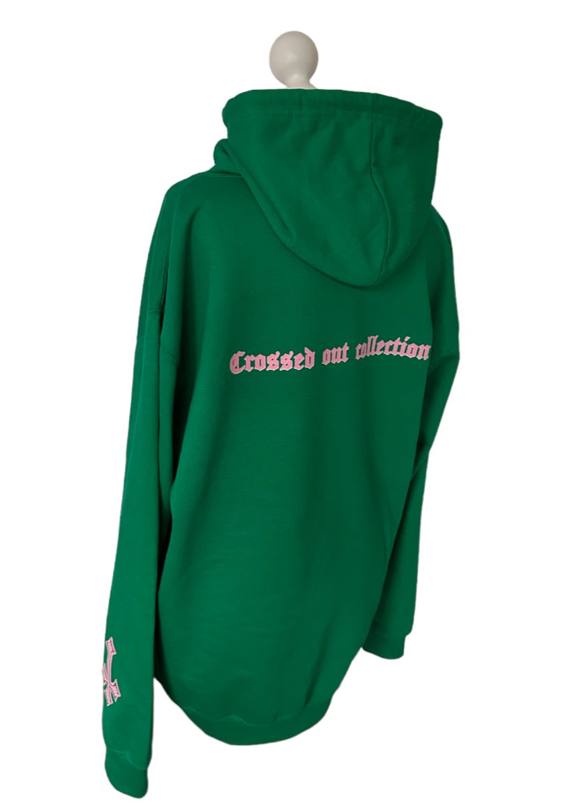 ‘CROSSED OUT’ HOODIE- GREEN & PINK